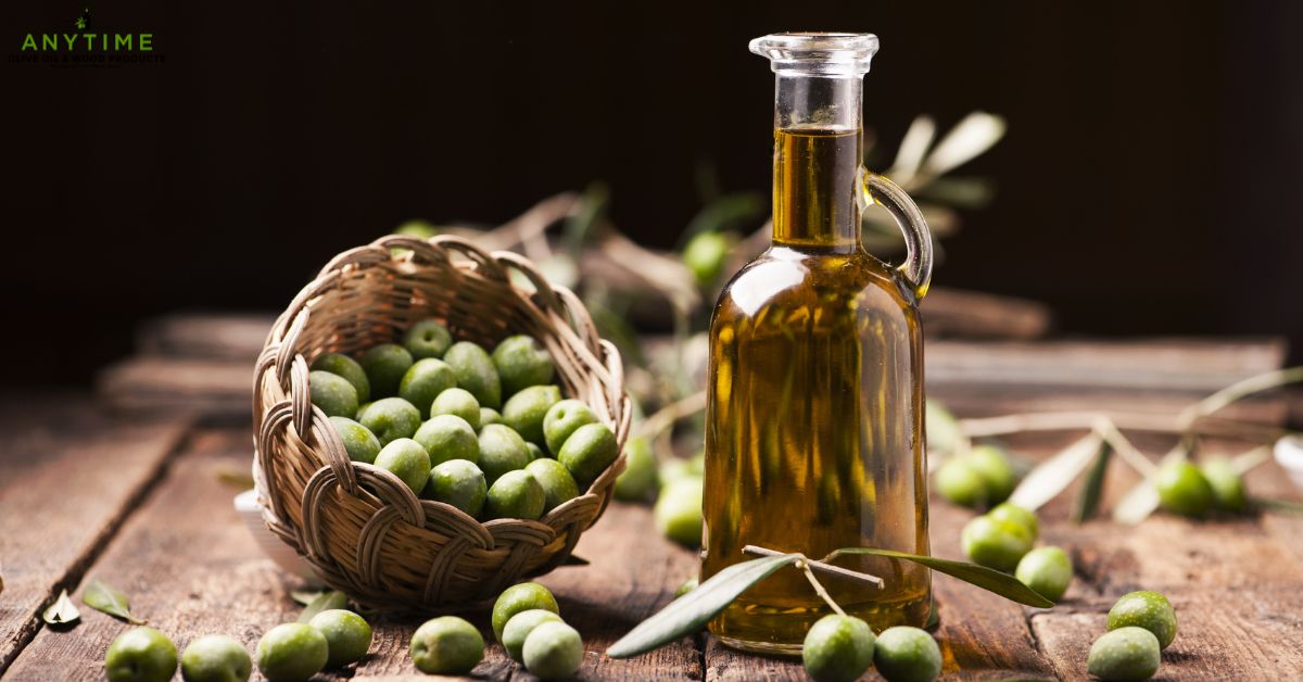 bowl of olives next to a pitcher of olive oil - Anytime Olive Oil Products oil pour spouts