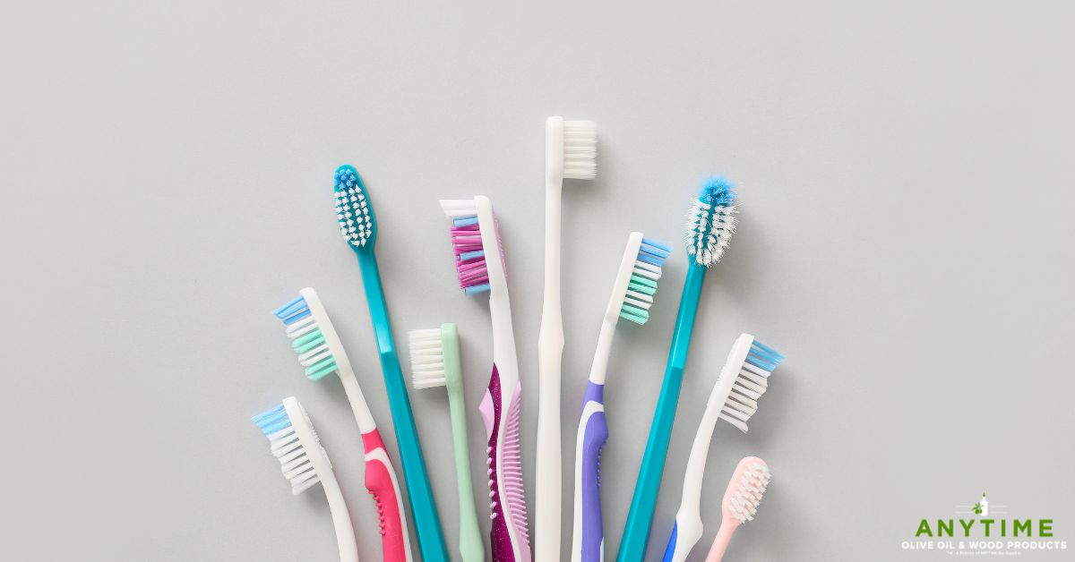line up of multiple toothbrushes - Anytime Olive Oil Products olive oil pour spouts