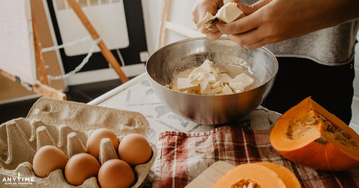 counter full of baking ingredients - Anytime Olive Oil Products olive oil pour spouts