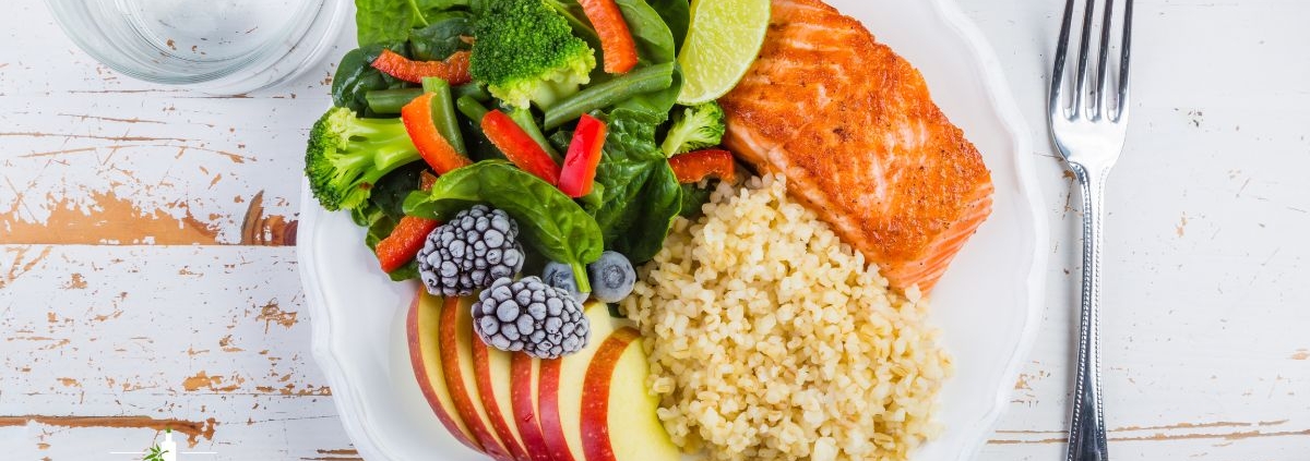 plate of salmon rice and vegetables - Olive Oil Pour Spouts oil pour spout