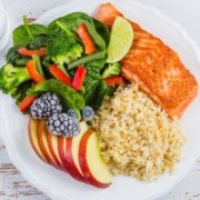 OliveOilPourSpouts-oil-pour-spout-021020251 plate of salmon rice and vegetables - Olive Oil Pour Spouts oil pour spout