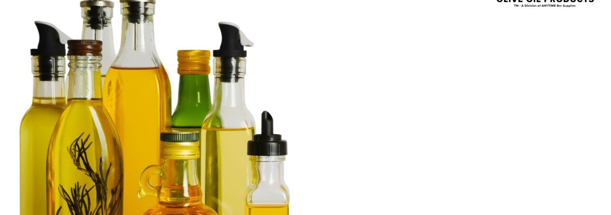 row of oil bottles lined up together - Anytime Olive Oil Products pour spout types