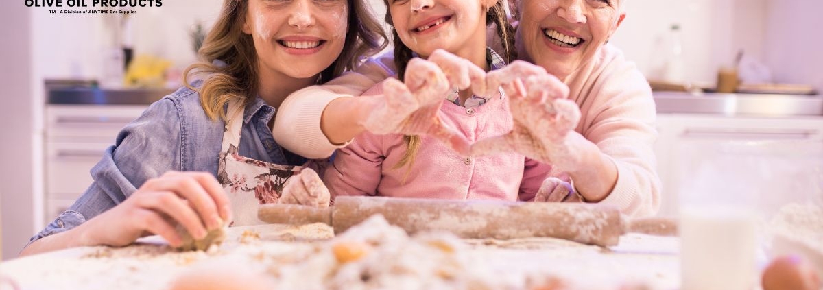 family baking together with flour on their heads - Olive Oil Pour Spouts oil spout