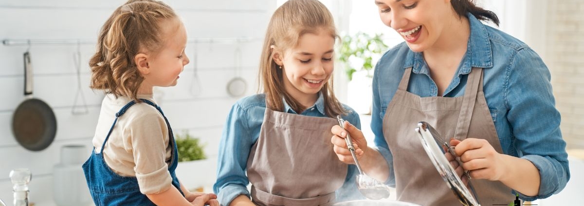 two girls and their mom cooking together - Olive Oil Pour Spouts stainless steel pour spout