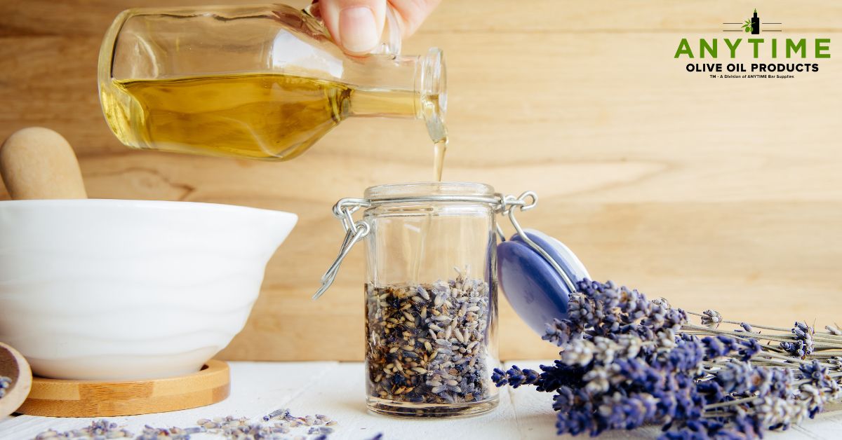 bottle of oil with herbs - Anytime Bar Supplies olive oil