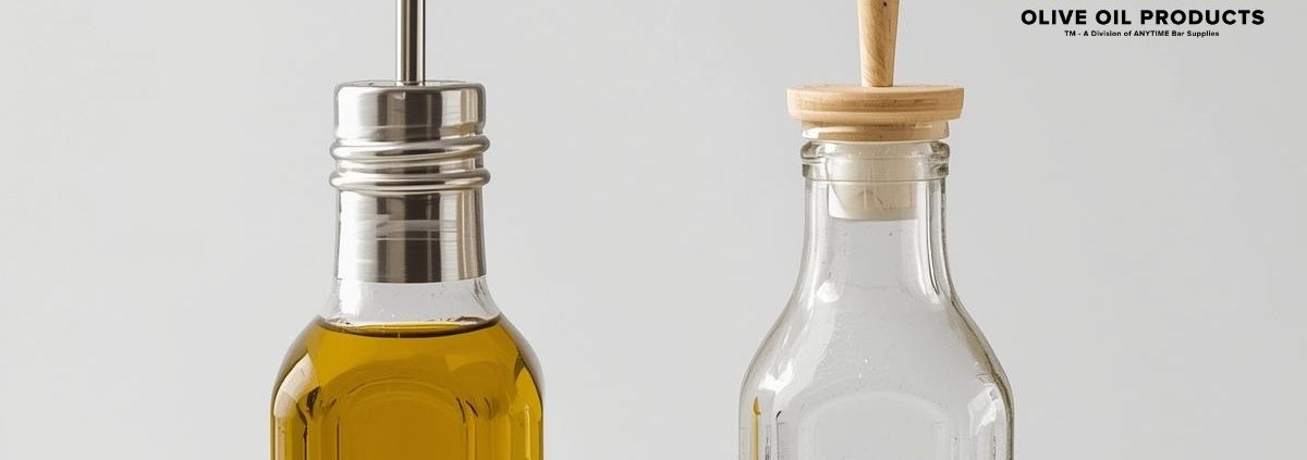 side by side of two glass bottles of olive oil - Olive Oil Pour Spouts stainless steel oil pourer