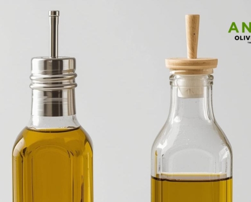 side by side of two glass bottles of olive oil - Olive Oil Pour Spouts stainless steel oil pourer