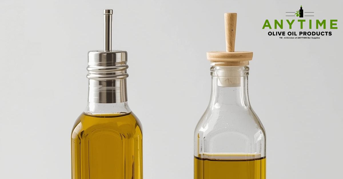 side by side of two glass bottles of olive oil - Olive Oil Pour Spouts 
